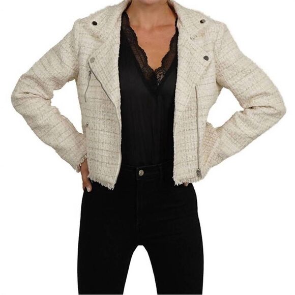 Love Token Tweed Moto Jacket in Ivory. Size M. - Picture 12 of 13